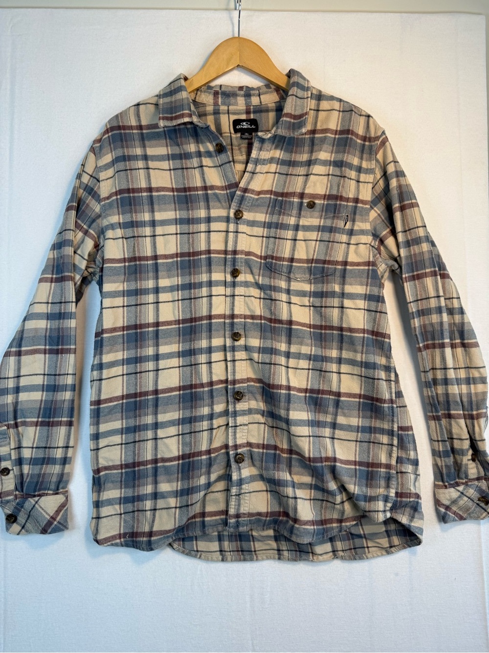 O'Neill Men's Cream and Blue Plaid Button-Down Shirt